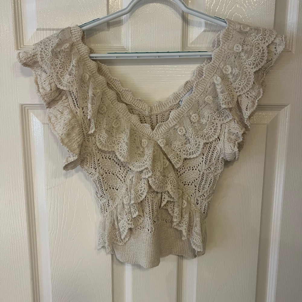 Zara Beige Lace Ruffle Blouse